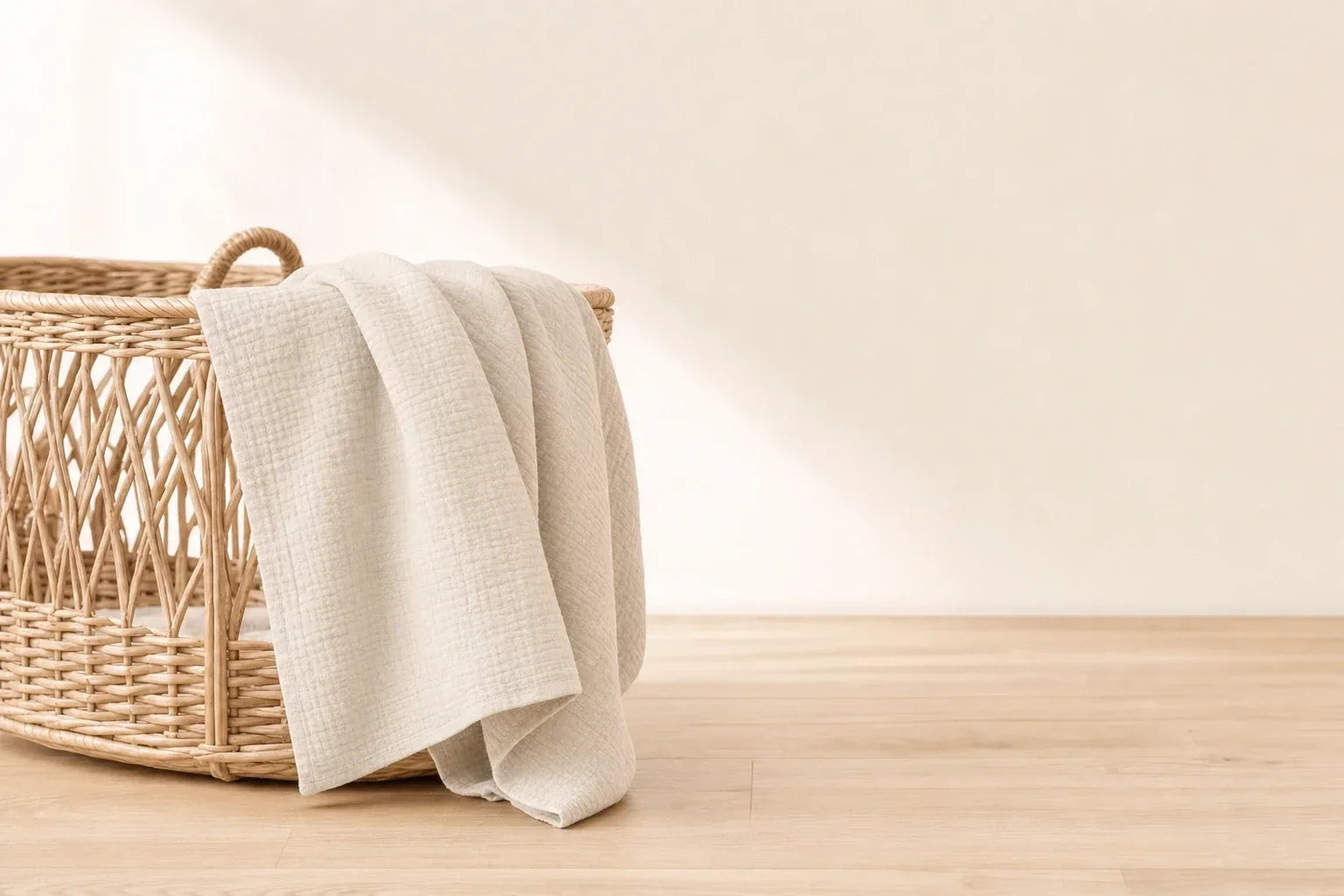 Beige Musselin-Babydecke über die Kante eines Rattankorbs drapiert