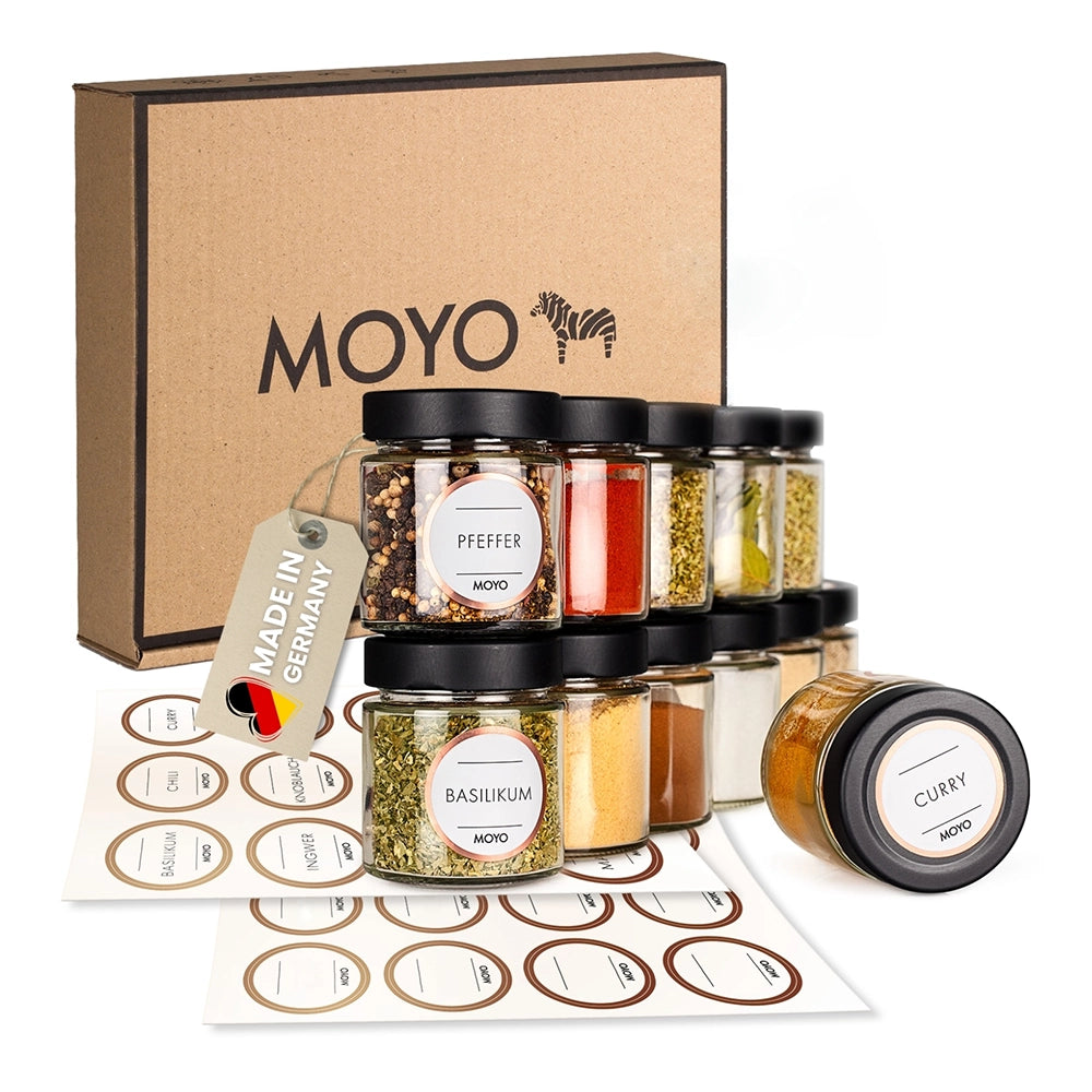 Moyo spice containers - Made in Germany, set of 12 spice containers with labels