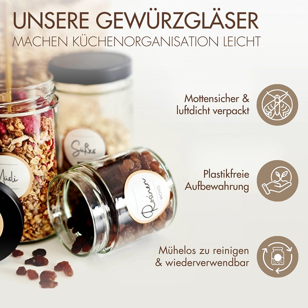 Moyo spice containers - Made in Germany, set of 12 spice containers with labels