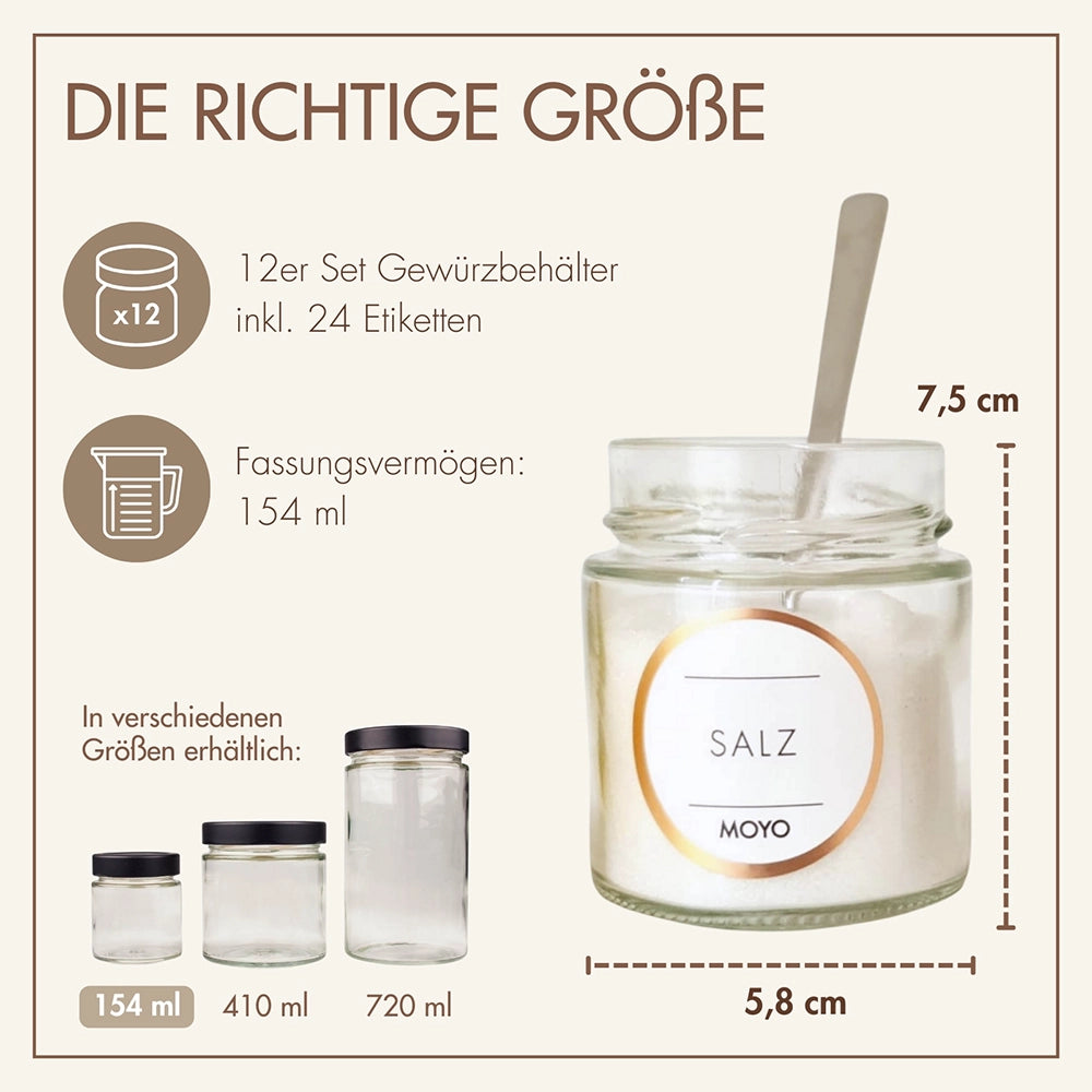 Moyo spice containers - Made in Germany, set of 12 spice containers with labels