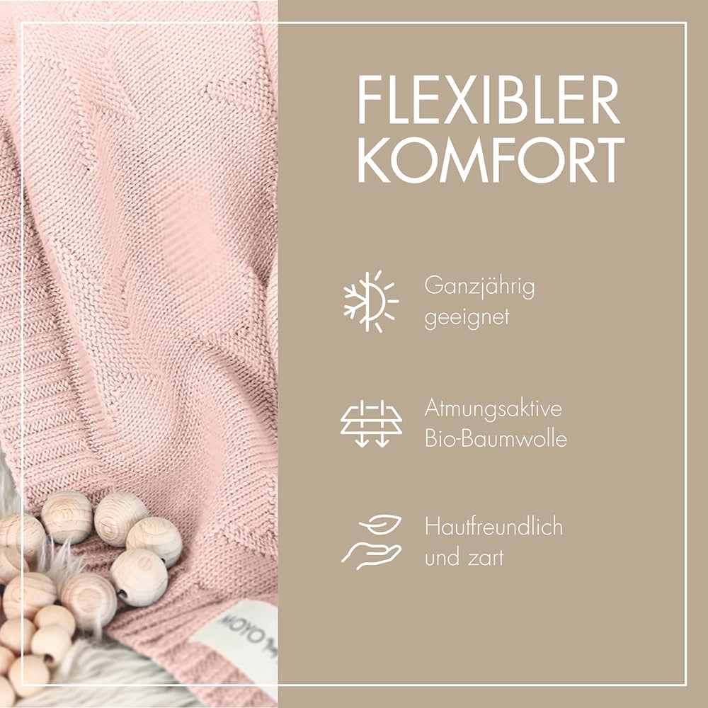 Knitted baby blanket with star pattern and enchanting rose quartz