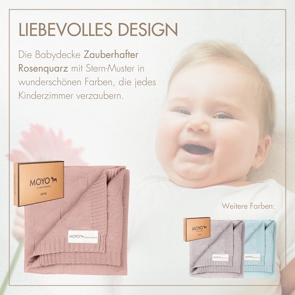 Knitted baby blanket with star pattern and enchanting rose quartz