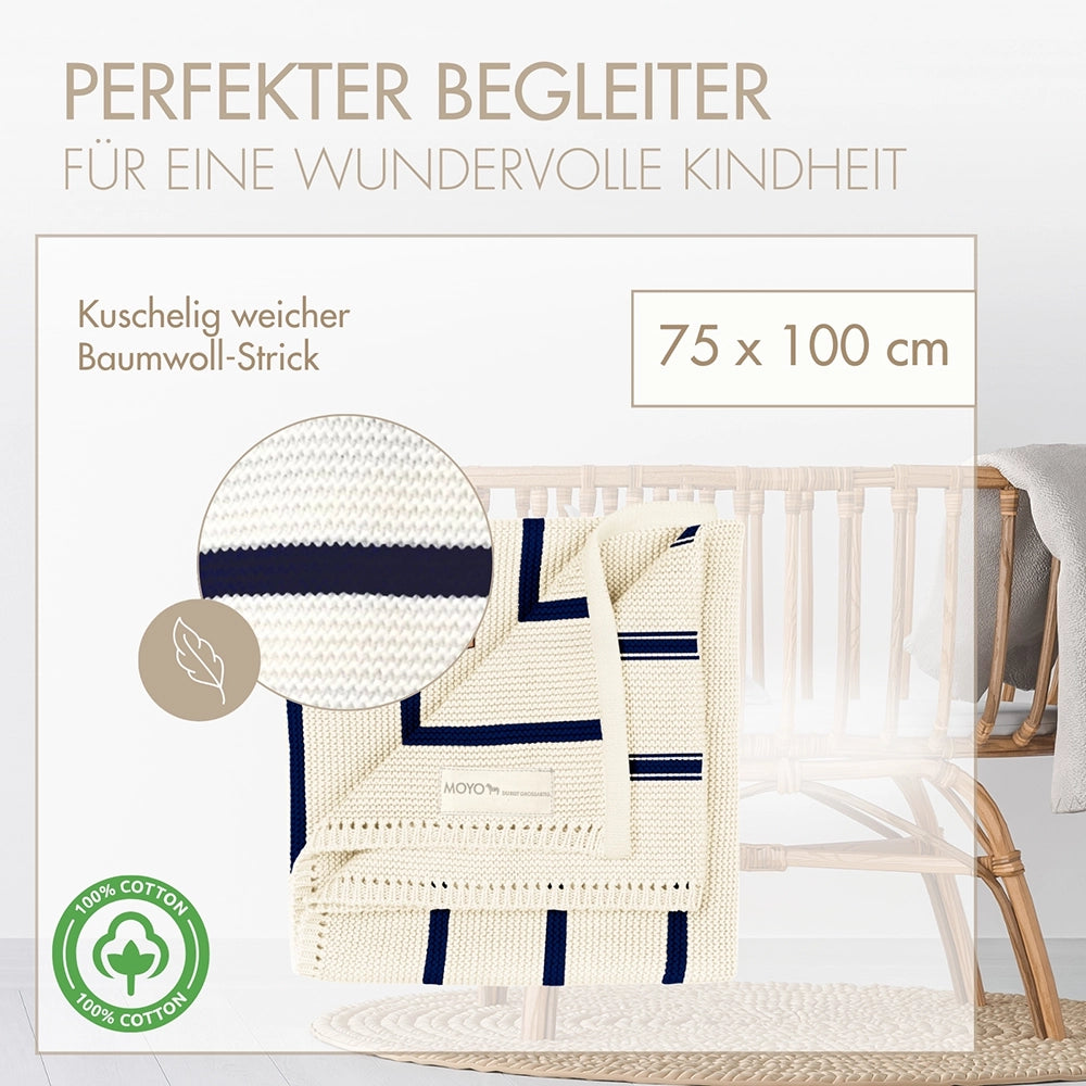 Qualitätsmerkmale der MOYO Baumwolldecke: temperaturausgleichend, hautfreundlich und 100% Bio-Baumwolle.