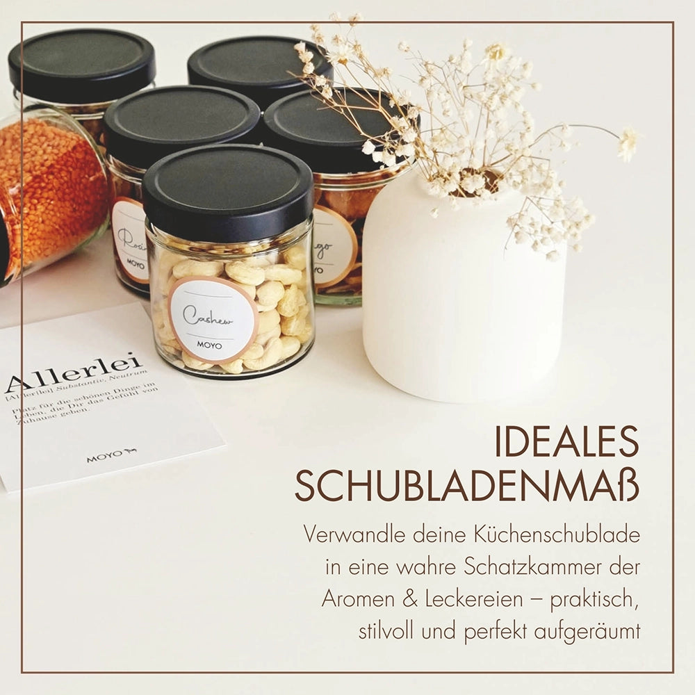 MOYO storage jars - Made in Germany, with label templates in sets of 3 & 6