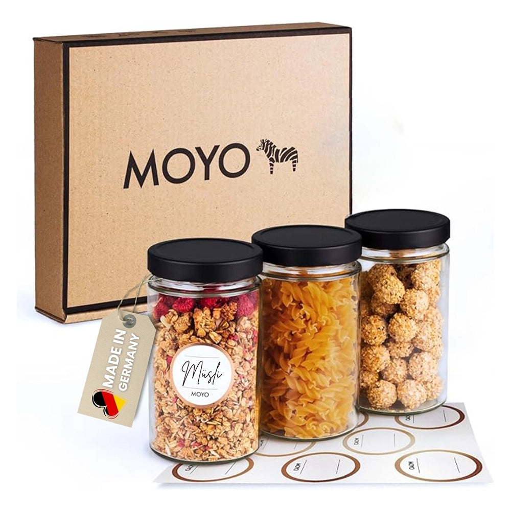 MOYO storage jars - Made in Germany, with label templates in sets of 3 & 6