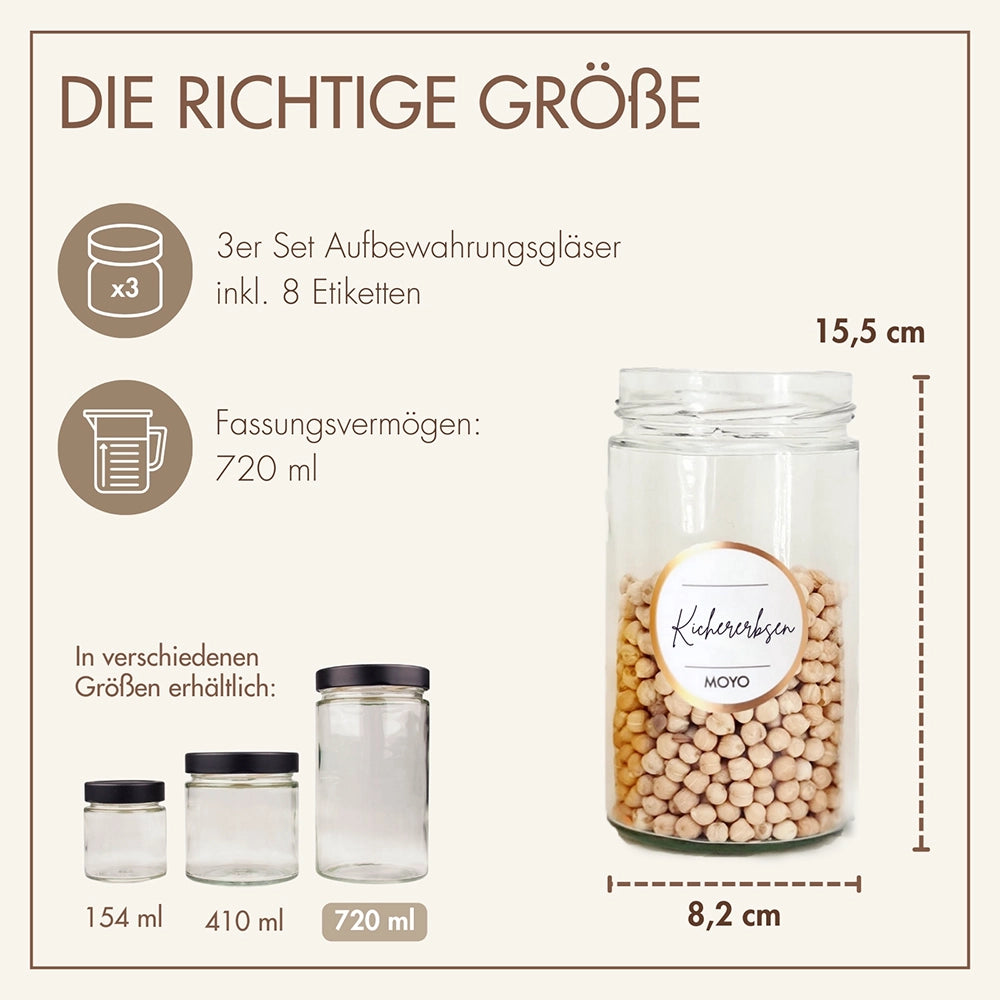 MOYO storage jars - Made in Germany, with label templates in sets of 3 & 6