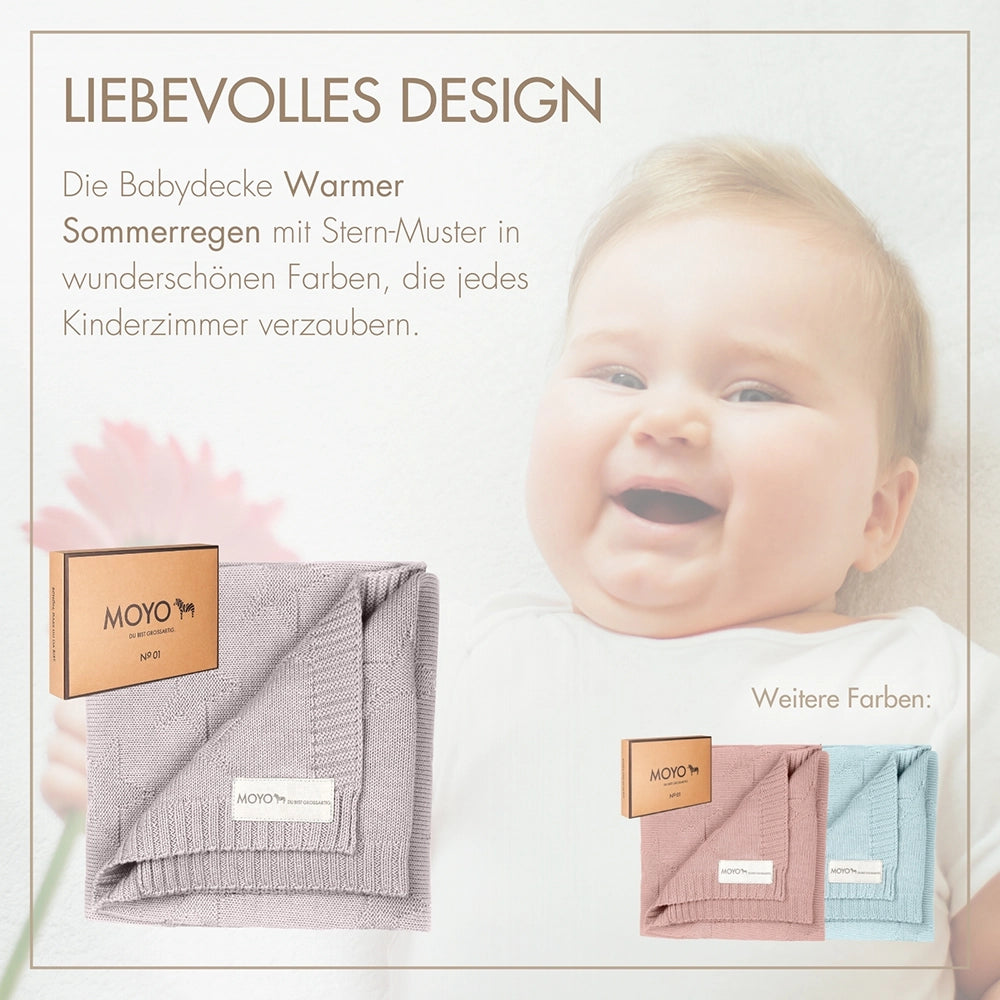 Knitted baby blanket with star pattern and gentle summer rain