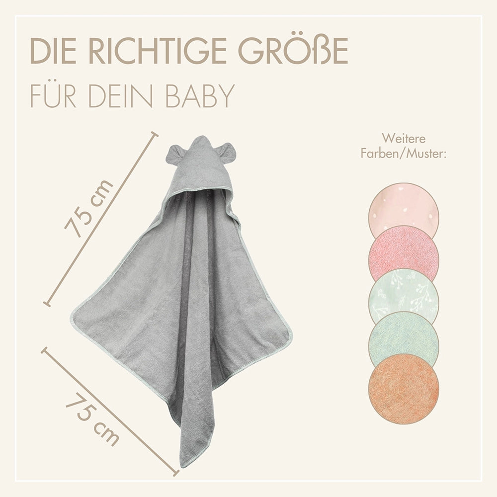 Abmessungen 75x75 cm des MOYO Babyhandtuchs Grau – ideal für die Erstausstattung und Kleinkinder.