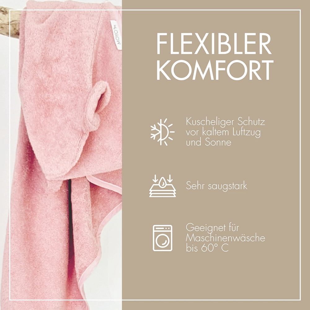 Infografik zum MOYO Kapuzenbadetuch: Schutz vor Kälte und Zugluft, extra saugstark und bei 60 Grad maschinenwaschbar.