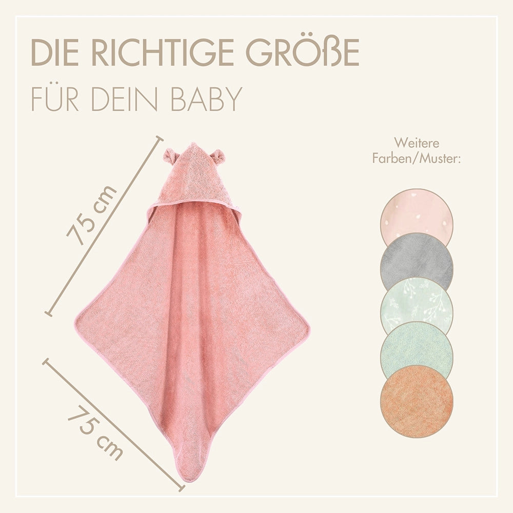 Produktabmessungen des MOYO Babyhandtuchs (75x75 cm) mit Kapuze und Übersicht der verfügbaren Farben wie Rosé, Mint und Grau.