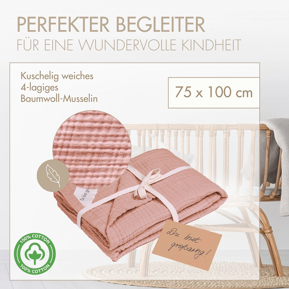Produktmaße der MOYO Musselin Decke 75 x 100 cm, kuschelig weiches 4-lagiges Material für Kinderwagen und Wiege.