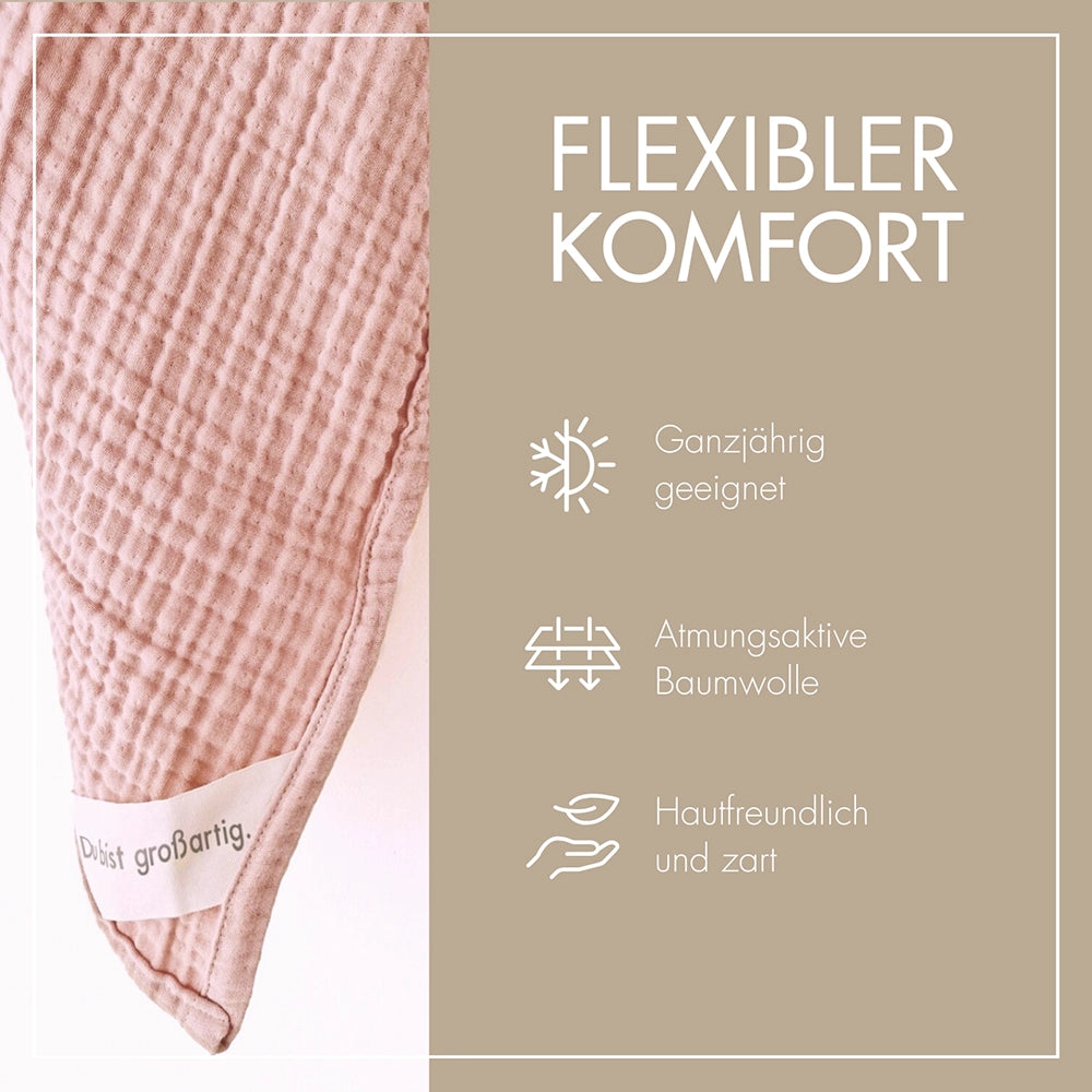 Nahaufnahme der atmungsaktiven MOYO Musselin Decke – weiche, hautfreundliche Struktur aus Bio-Baumwolle für jede Jahreszeit.