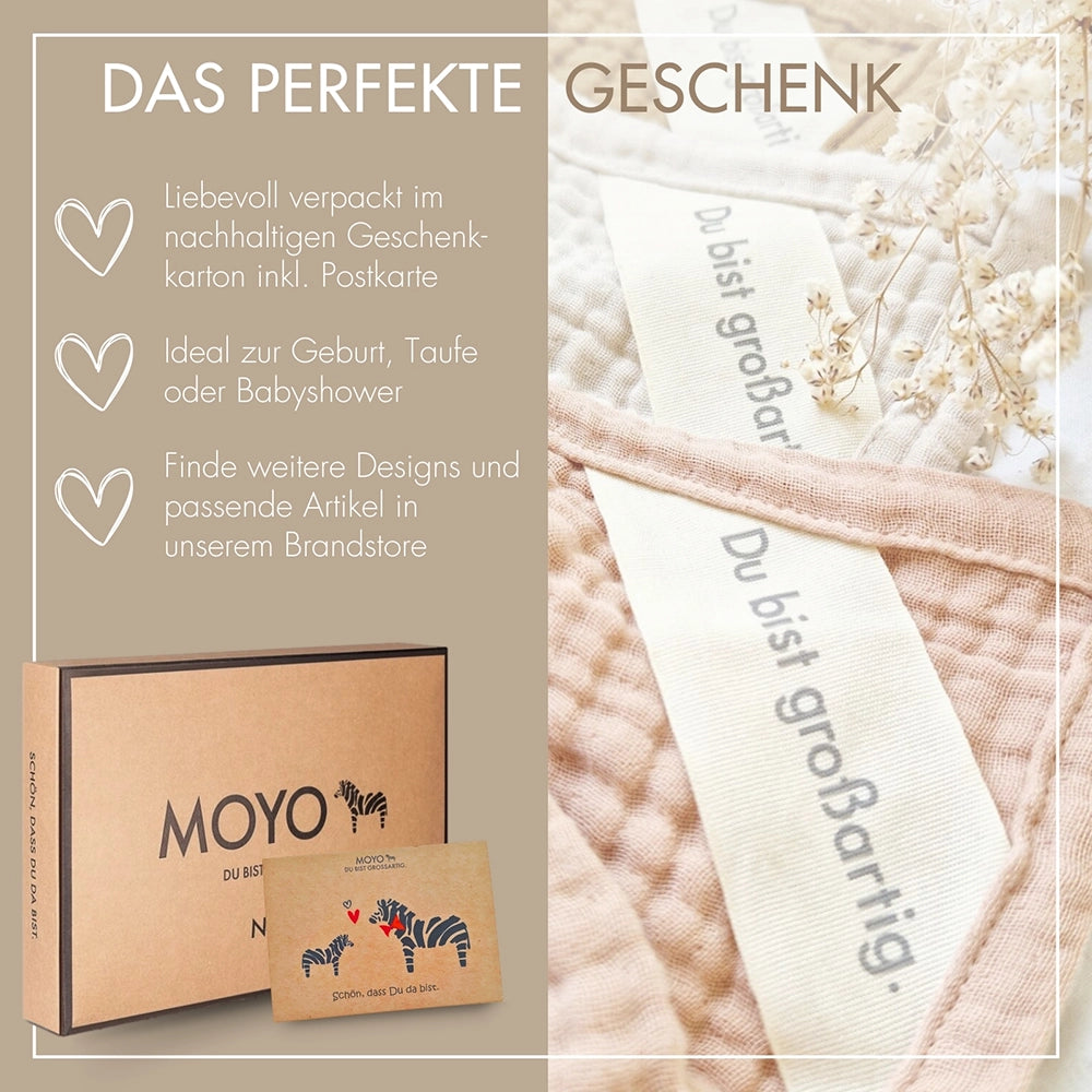 MOYO Baby-Musselin-Decke in hochwertiger Geschenkverpackung – ideales Geschenk zur Geburt, Taufe oder Babyparty.