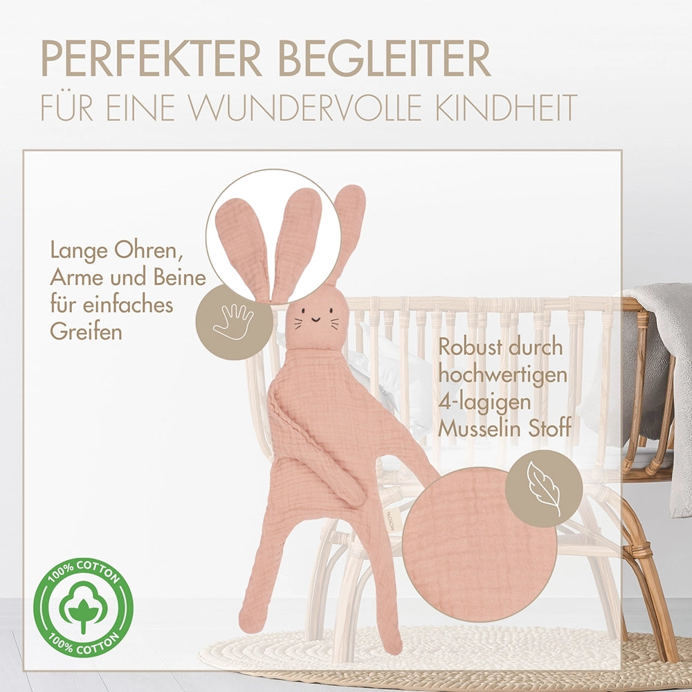 Rosa Schmusetuch Hase mit langen Ohren und Armen zum Greifen lernen – nachhaltiges Babyspielzeug für eine wundervolle Kindheit.