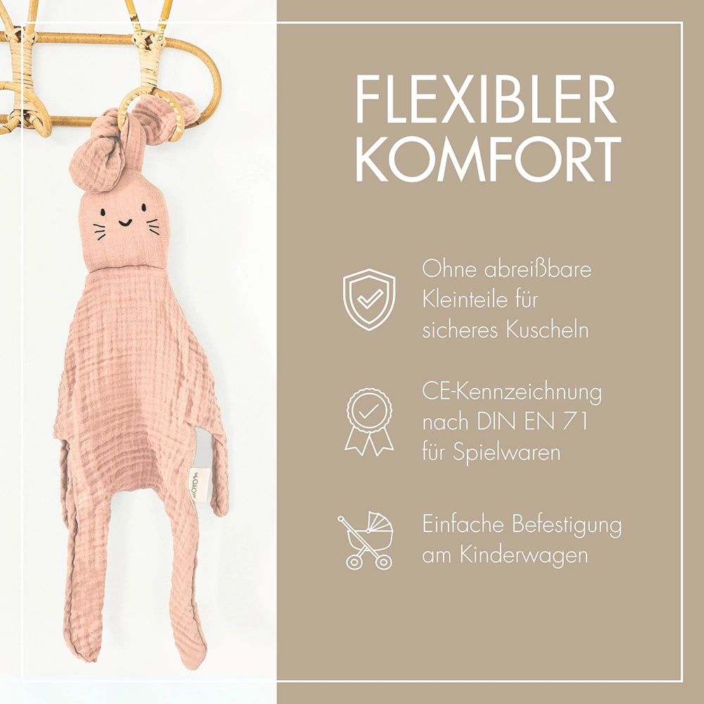 Detailansicht des MOYO Schnuffeltuchs in Rosenholz mit Fokus auf die weiche Textur und das kindgerechte Design.