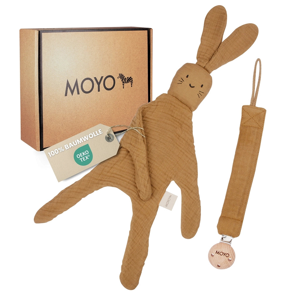 MOYO Baby Geschenkset Kraft der Natur: Braunes Schmusetuch Hase und Schnullerkette in natürlichem Design.