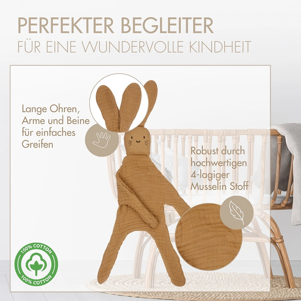 Nachhaltiges Babyspielzeug: Brauner Kuschelhase mit langen Greifelementen aus dem Set Kraft der Natur.