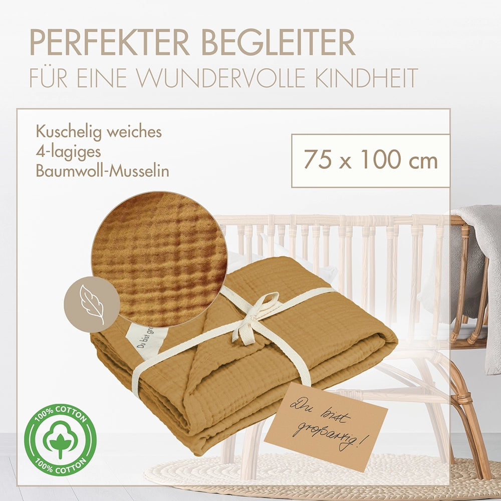 Maße und Details der ockerfarbenen MOYO Musselin Decke 75 x 100 cm – perfekt für Kinderwagen und Wiege.