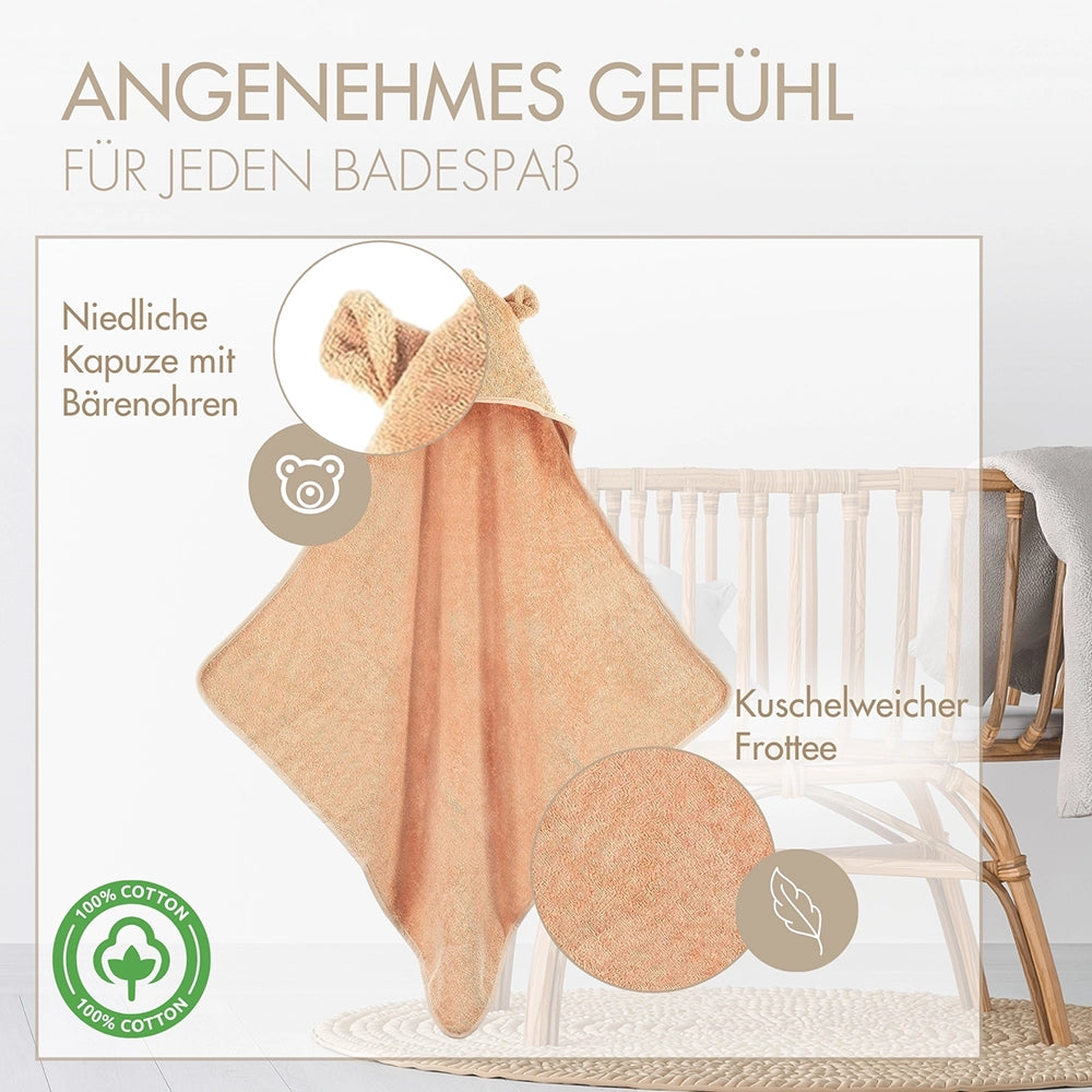 Nahaufnahme des weichen Frottee-Stoffs in Puder-Orange mit OEKO-TEX Siegel für maximale Sicherheit.