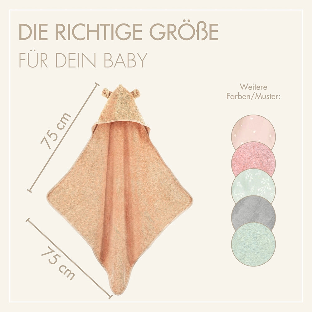 Produktmaße 75x75 cm des MOYO Kapuzenbadetuchs in Puder – die perfekte Größe für Babys und Kleinkinder.
