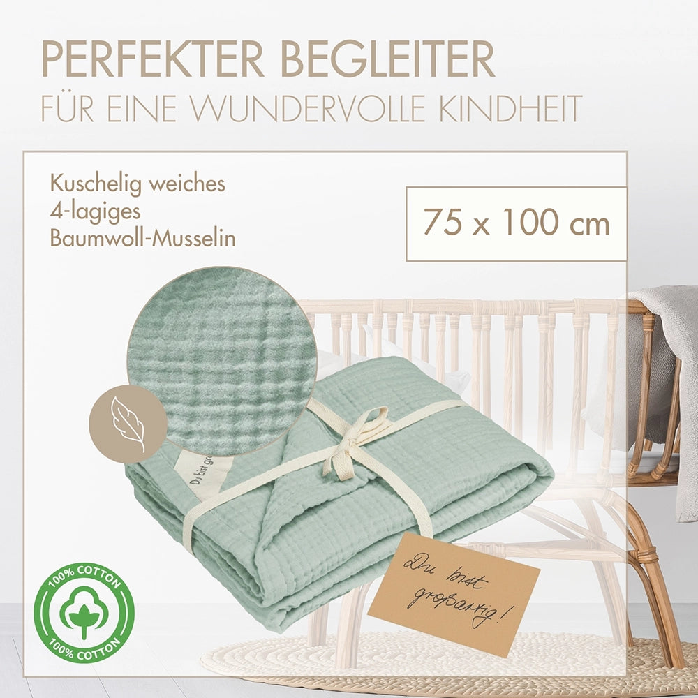 Produktdetails der MOYO Musselin Decke in Salbei, Maße 75 x 100 cm – ideal für unterwegs.