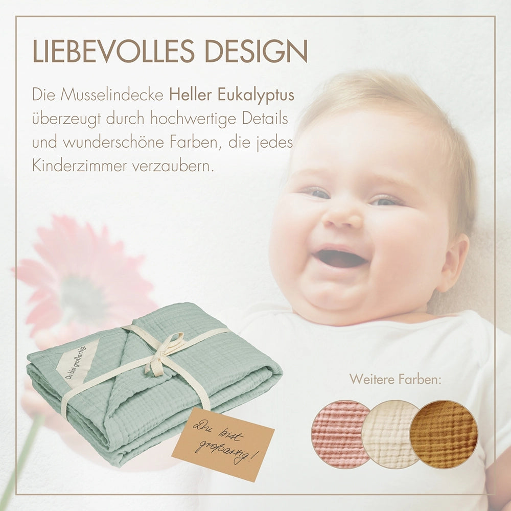 Baby entspannt mit der MOYO Musselin Decke in Eukalyptus – harmonische Farben für das Kinderzimmer.