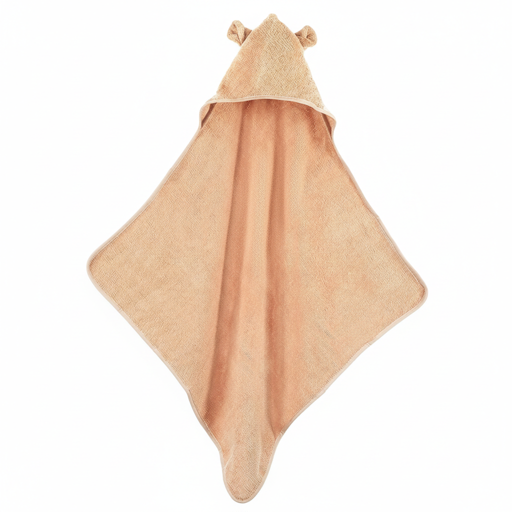 Nachhaltiges MOYO Baby Kapuzenhandtuch in Puder (Orange) aus Bio-Baumwolle mit Bären-Ohren.