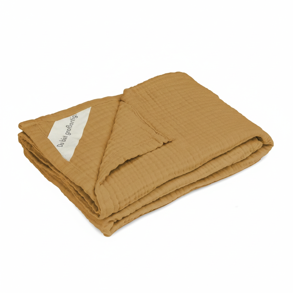Gefaltete MOYO Musselin Babydecke in warmem Ocker (Kraft der Natur) – 4-lagige Bio-Baumwolle.