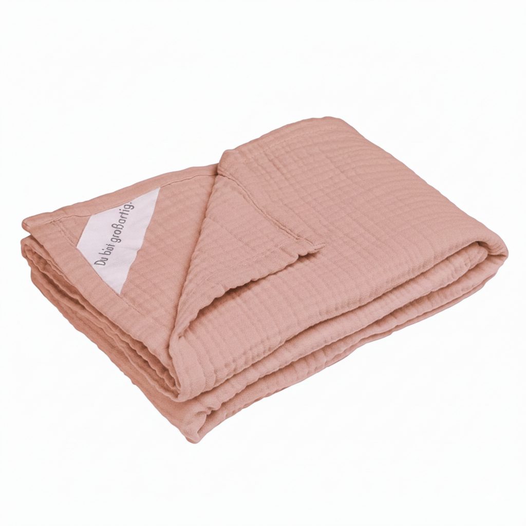 Gefaltete MOYO Musselin Babydecke aus 4-lagiger Baumwolle in der Farbe Zartes Rosenholz – nachhaltige Erstausstattung.