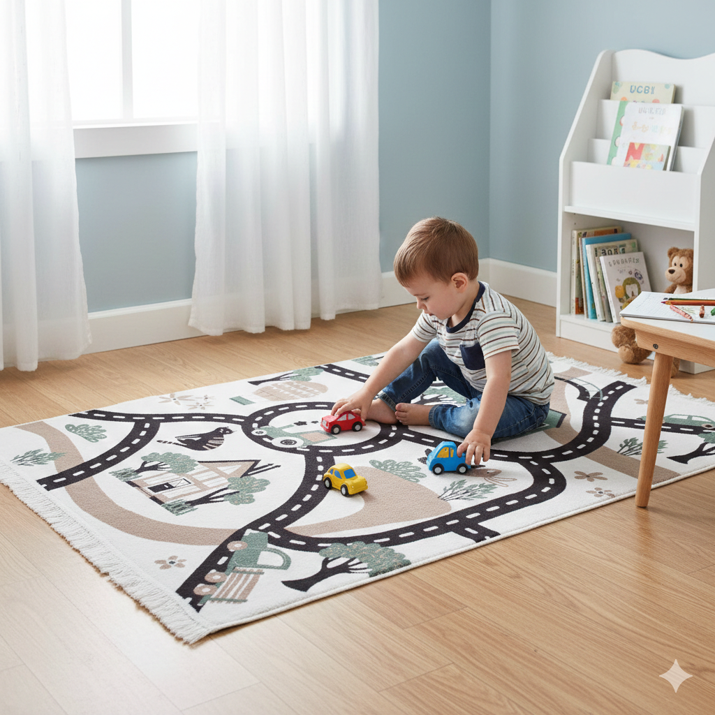 Ein kleiner Junge spielt mit bunten Spielzeugautos auf einem Straßenteppich in einem hellen Kinderzimmer.