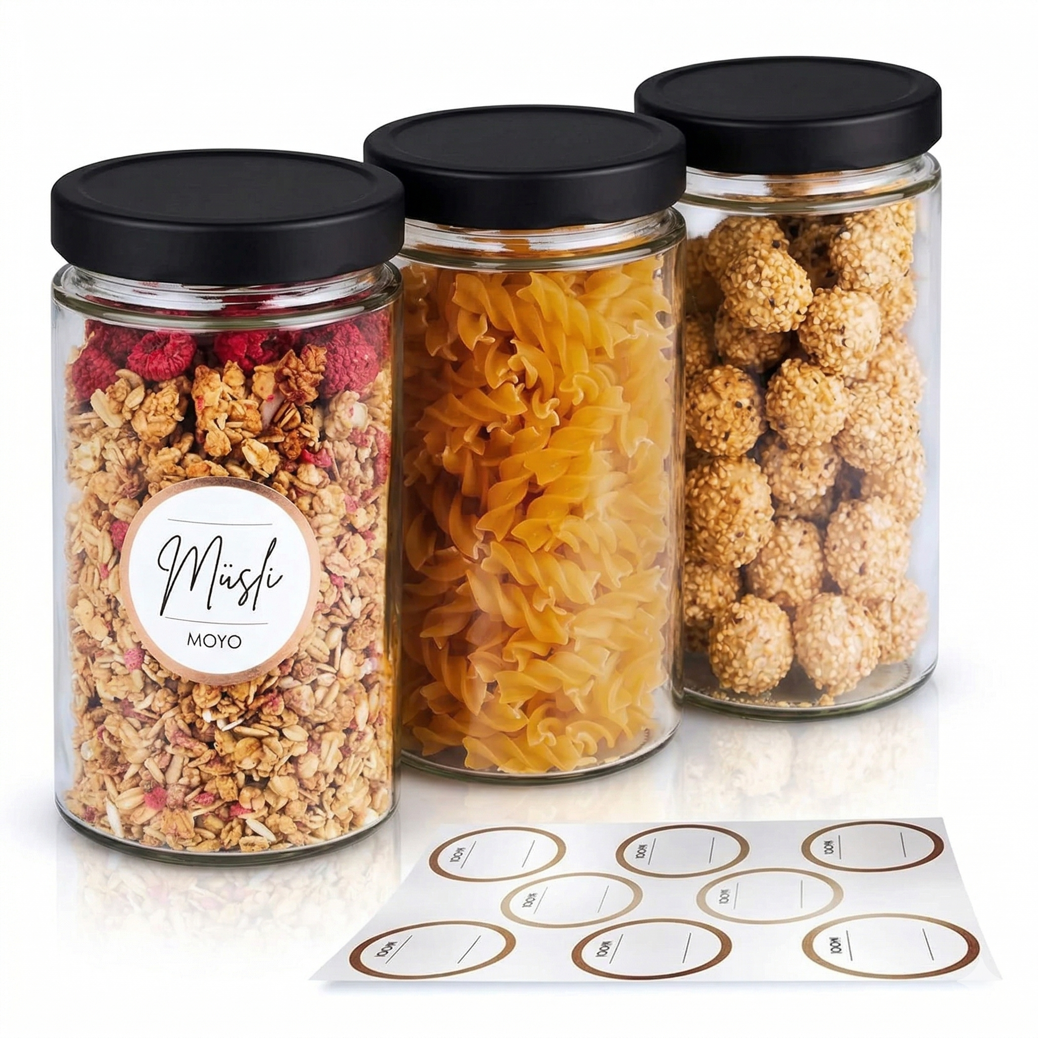 MOYO storage jars - Made in Germany, with label templates in sets of 3 & 6