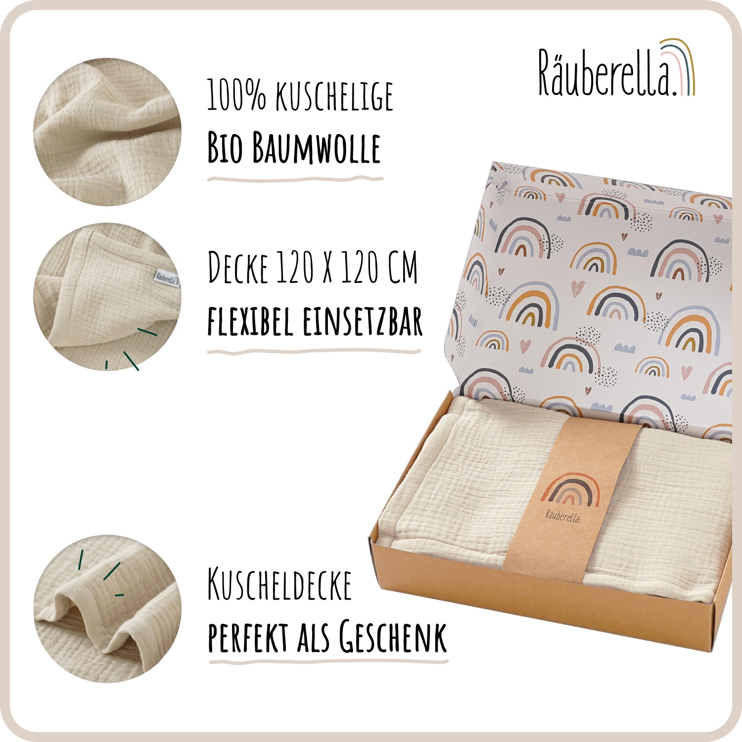 Muslin baby blanket 120cm x 120cm beige