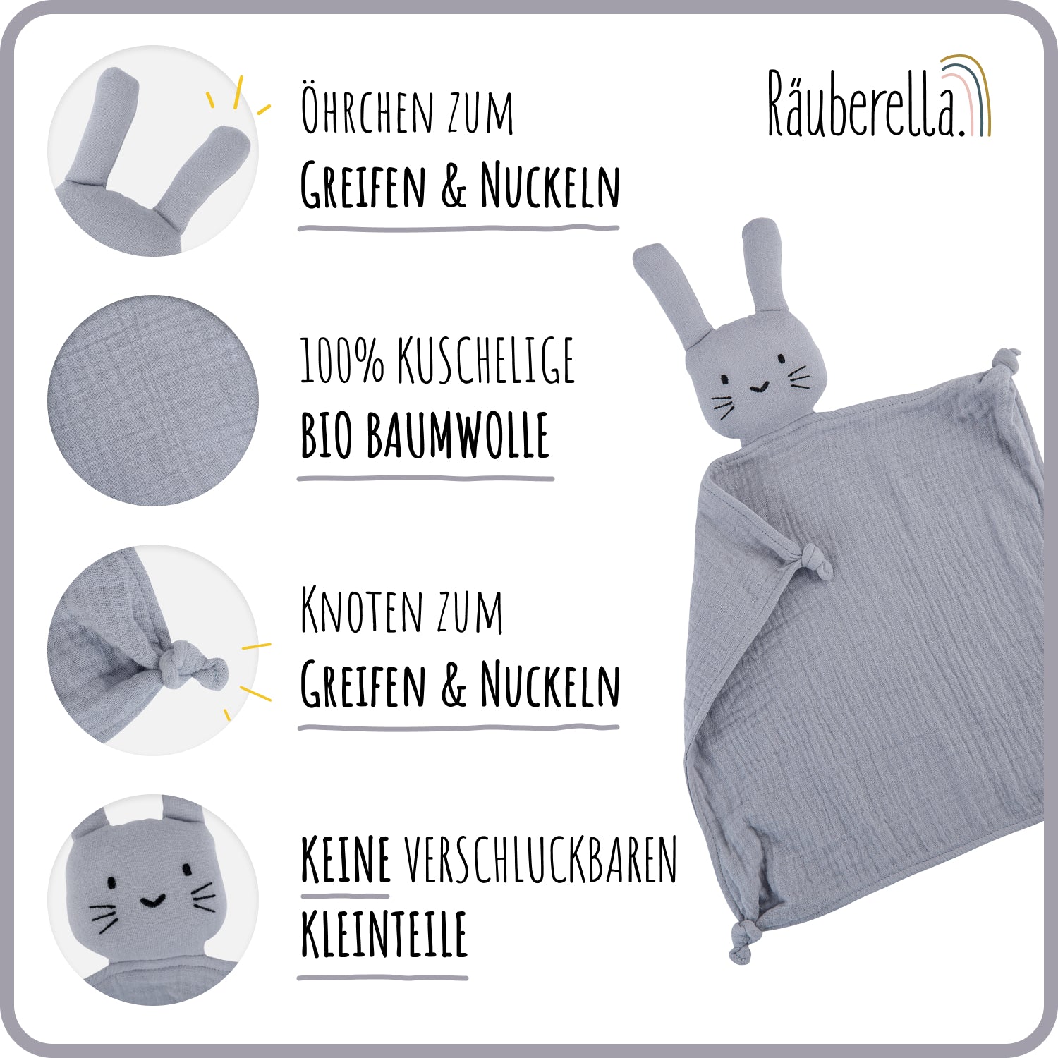 Muslin cuddly toy rabbit blue-grey