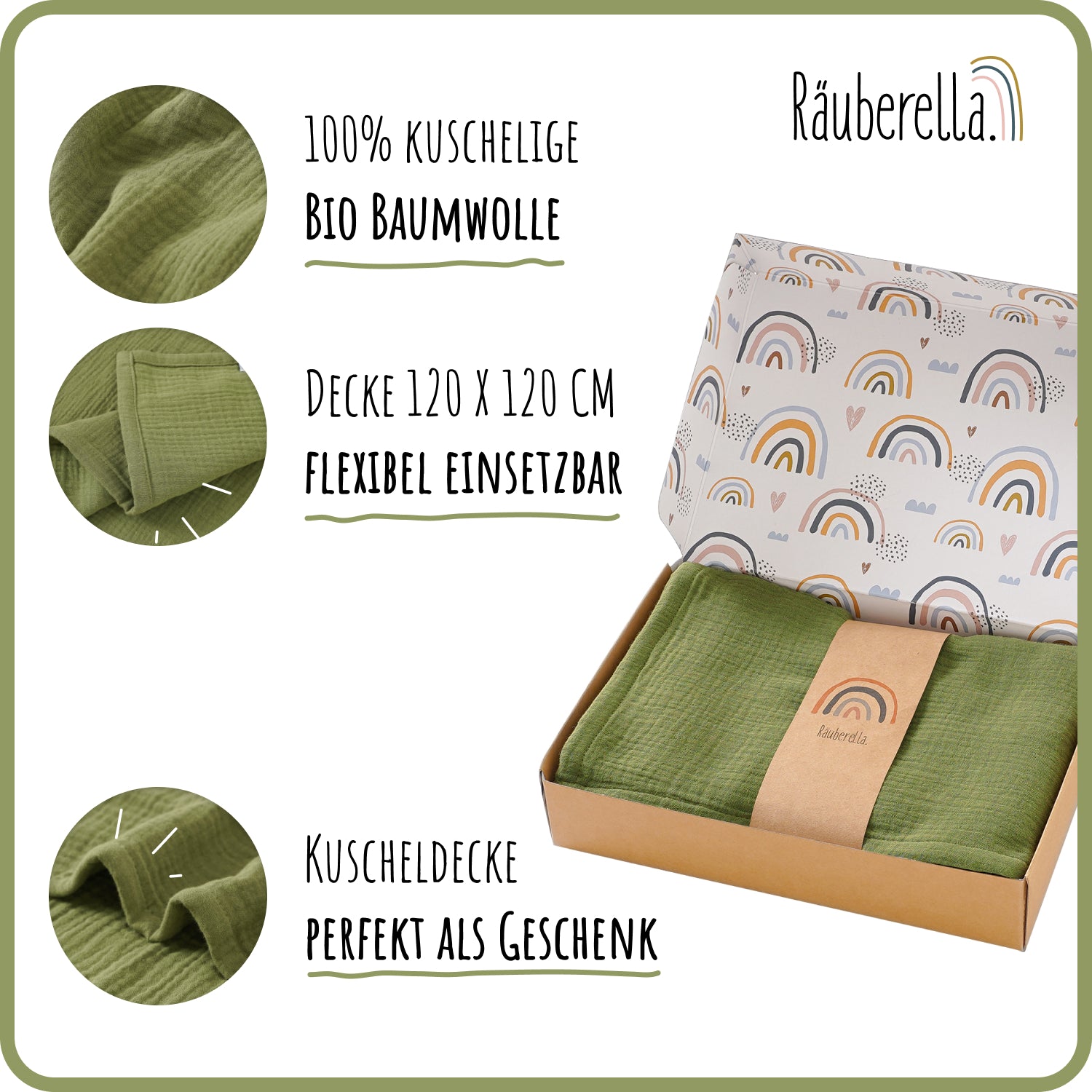 Muslin baby blanket (120x120cm) Olive green