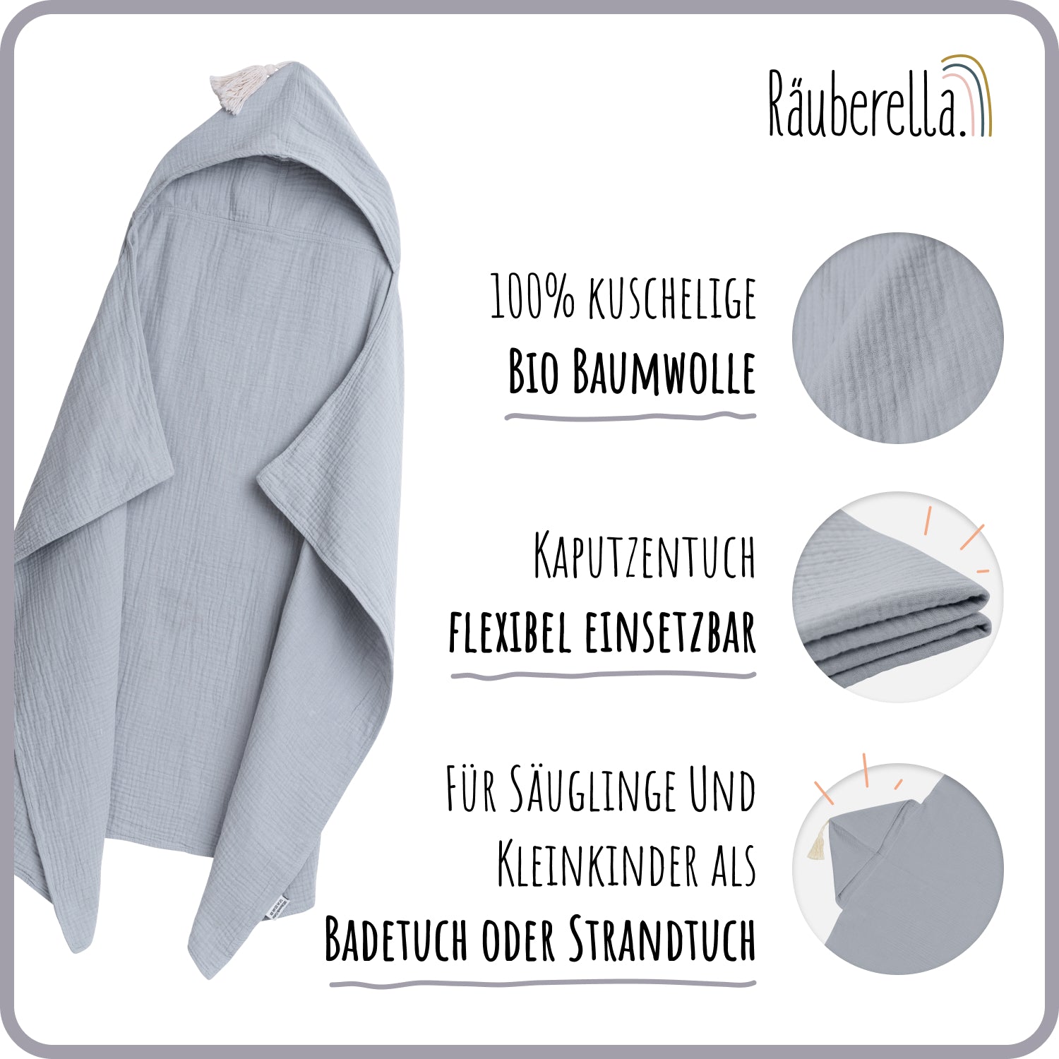 Musselin Kapuzenhandtuch (75x100cm) Blau-Grau
