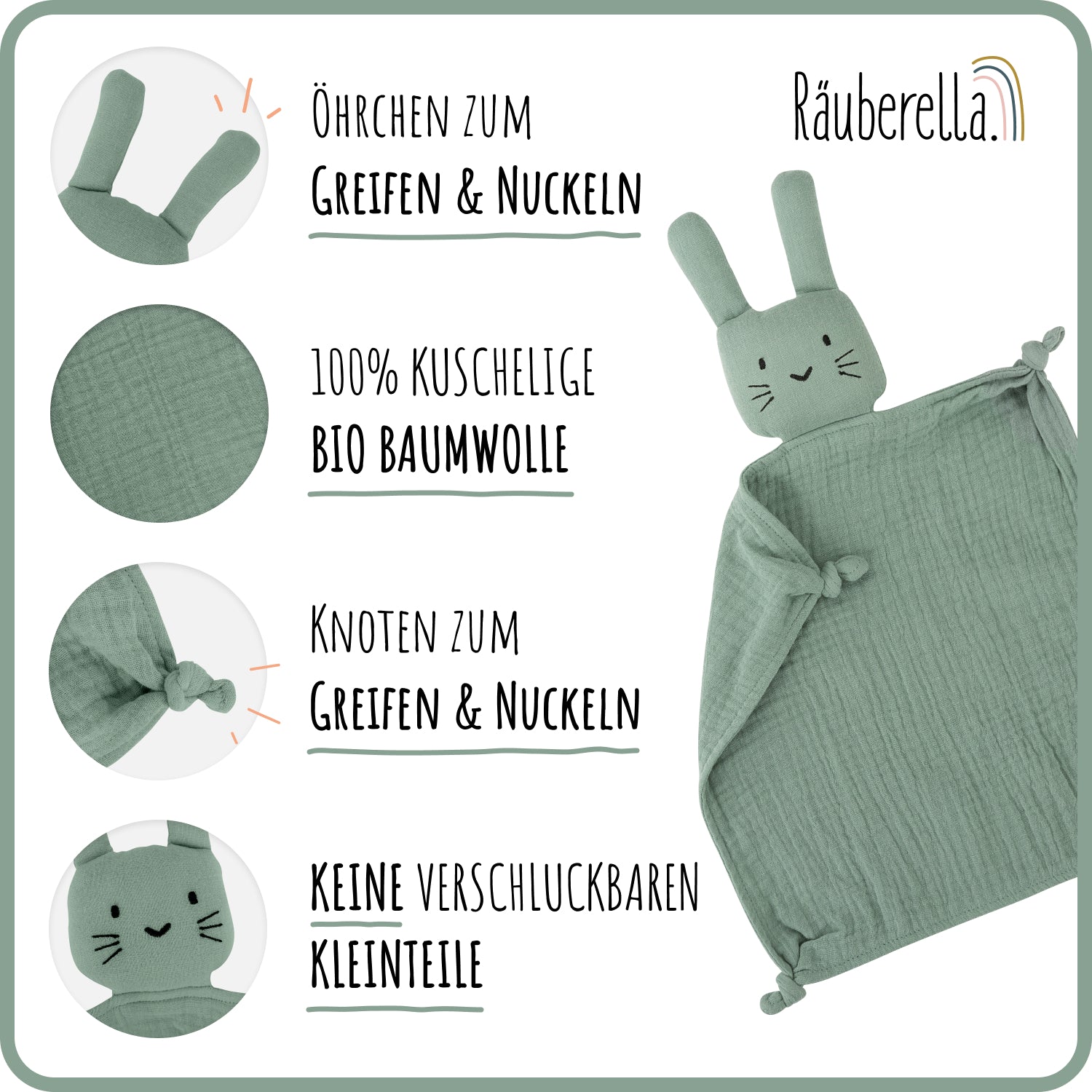 Baby Geschenkset Mint – Schmusetuch Hase, Holz-Beißring & Halstuch | Musselin Bio-Baumwolle
