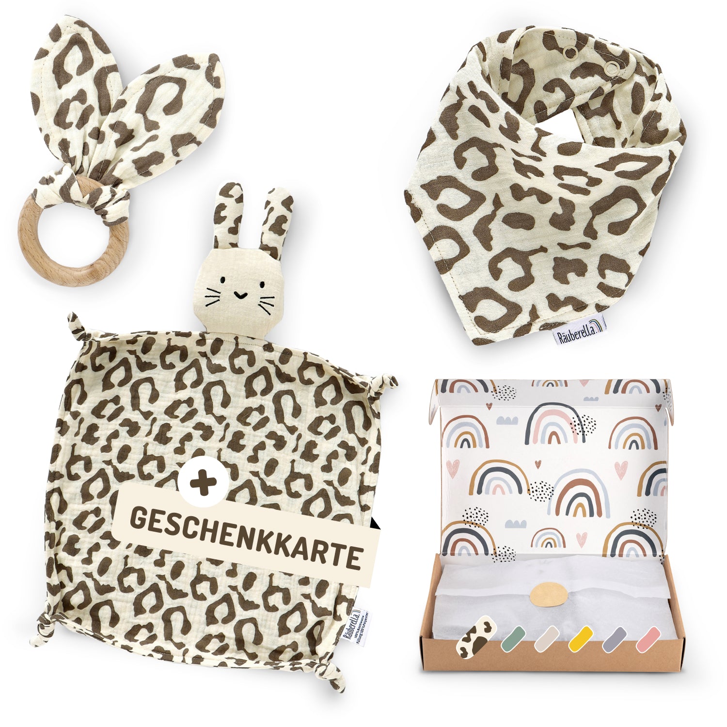 Baby Geschenkset Leo – Schmusetuch Hase, Holz-Beißring & Halstuch | Musselin Bio-Baumwolle