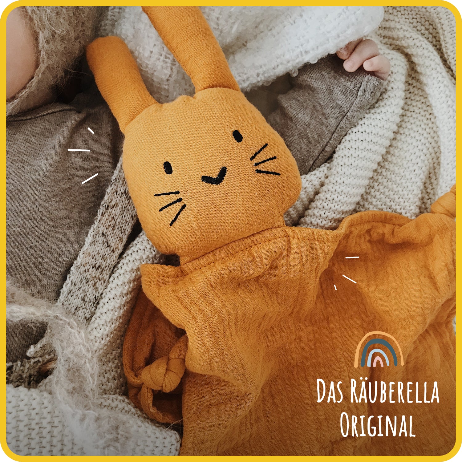 Muslin cuddly toy rabbit ochre