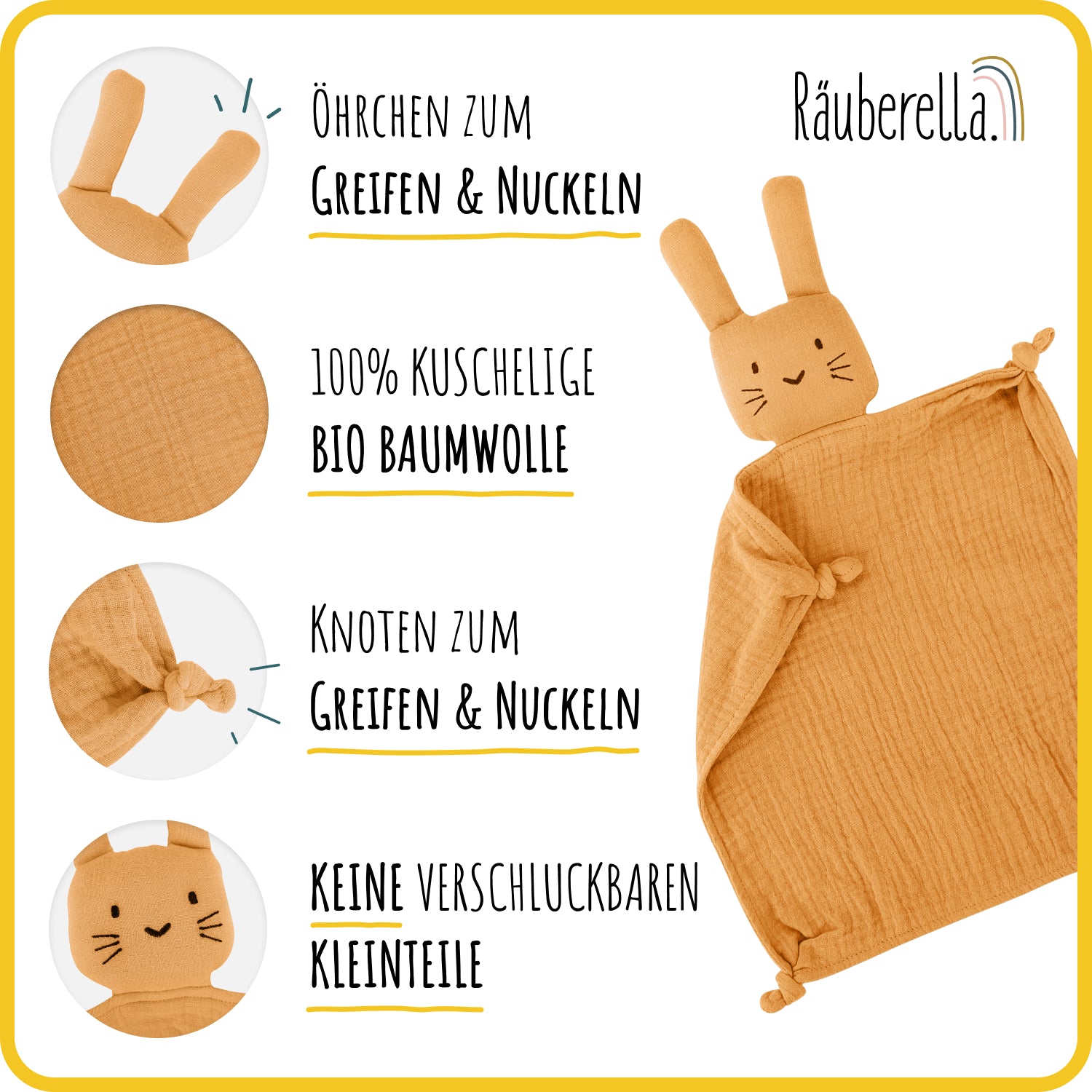 Muslin cuddly toy rabbit ochre