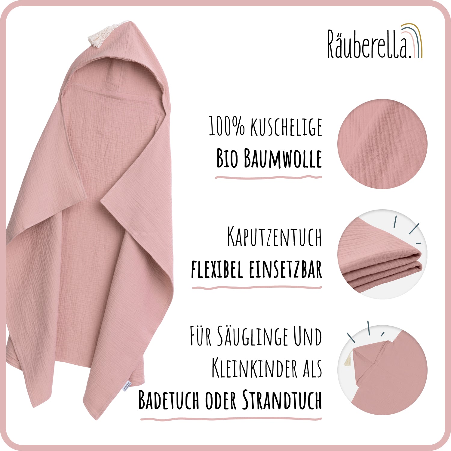 Muslin hooded towel (75x100cm) antique rose