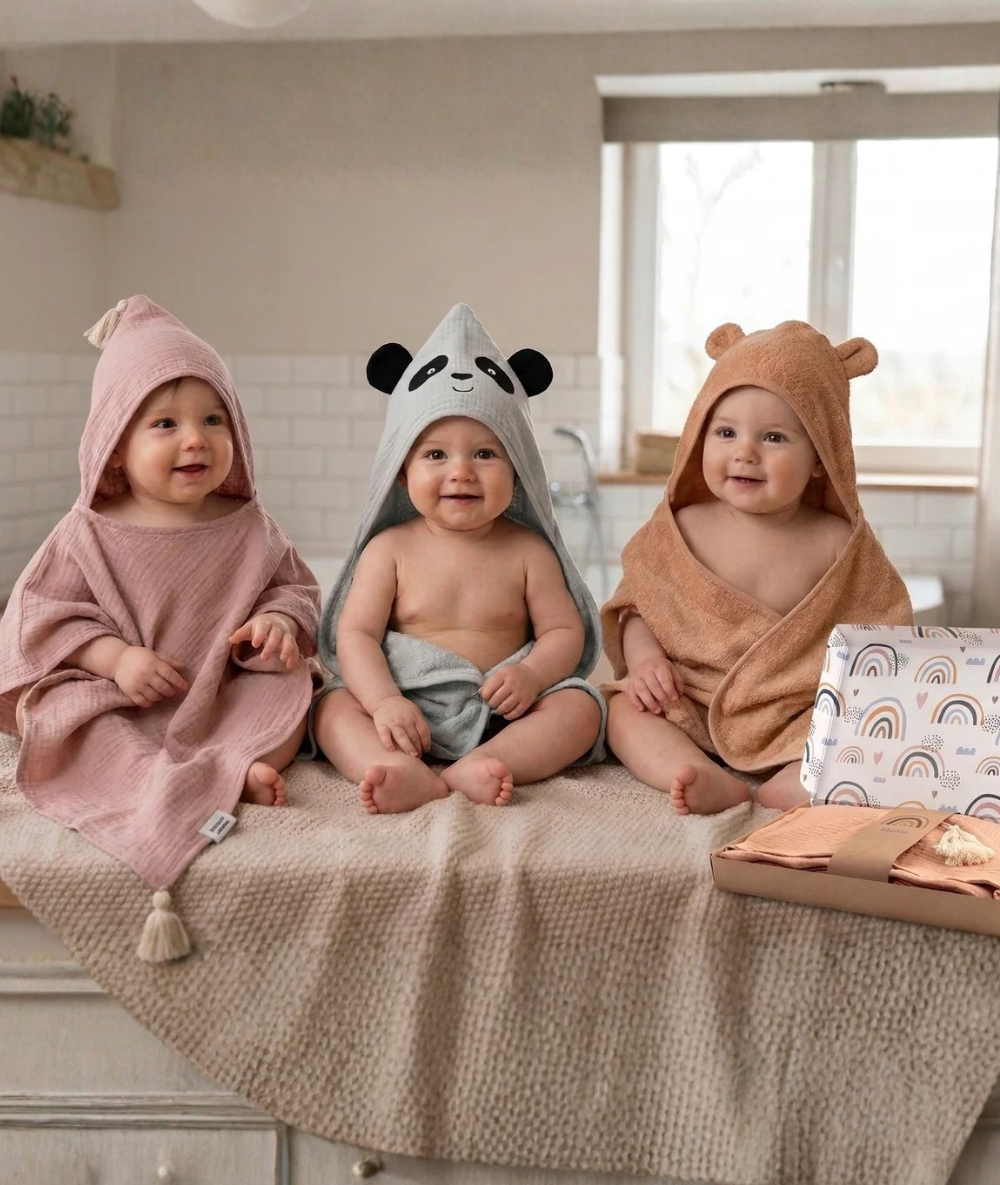 Drei Babys nach dem Baden in verschiedenen Kapuzenhandtüchern aus Musselin und Frottee von Räuberella – Vergleich von Material und Design für die Baby-Erstausstattung.