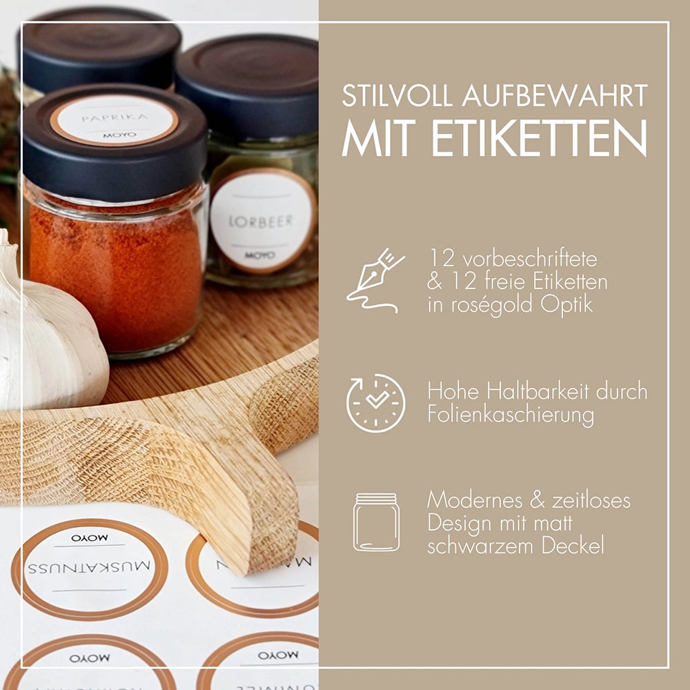 Moyo spice containers - Made in Germany, set of 12 spice containers with labels