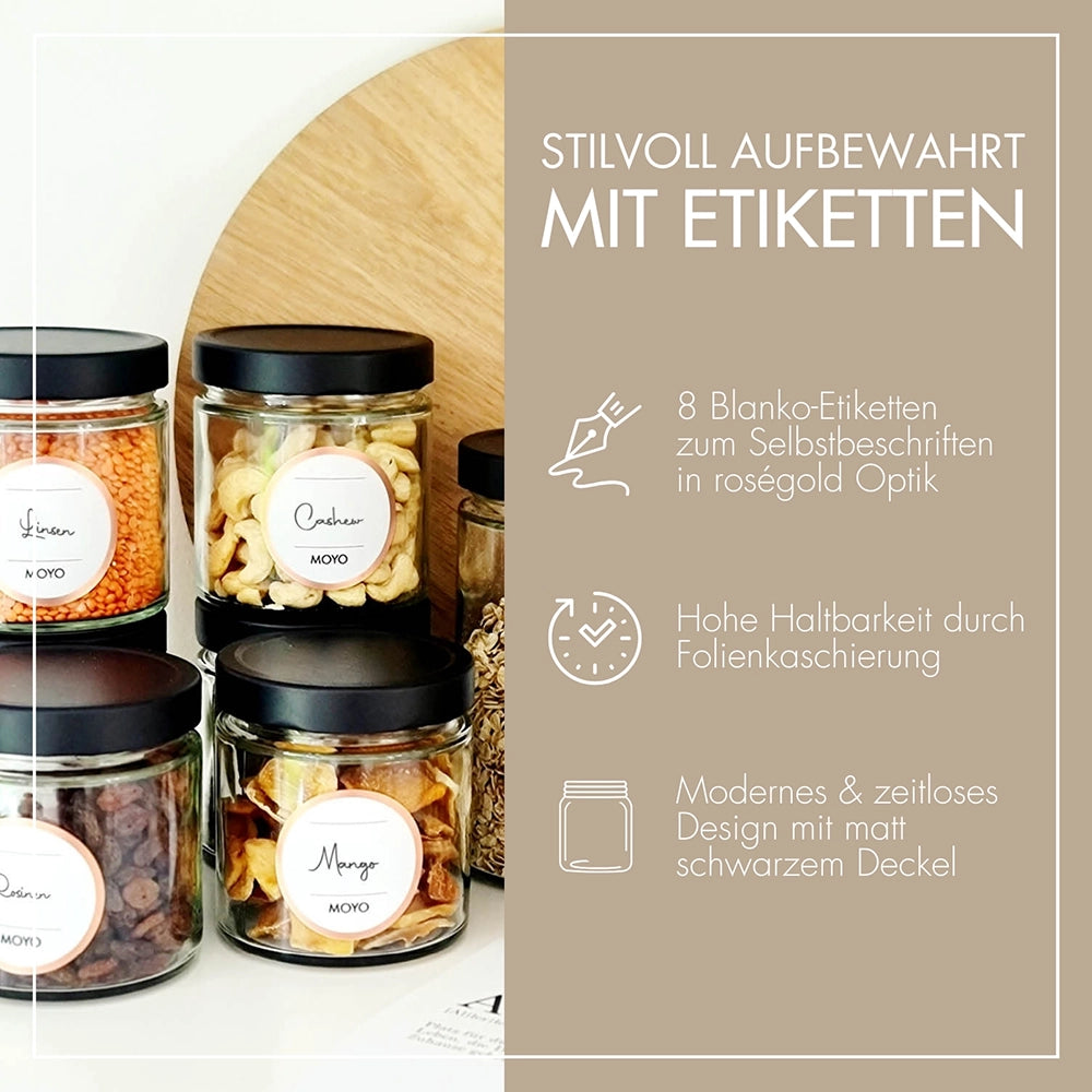 MOYO storage jars - Made in Germany, with label templates in sets of 3 &amp; 6