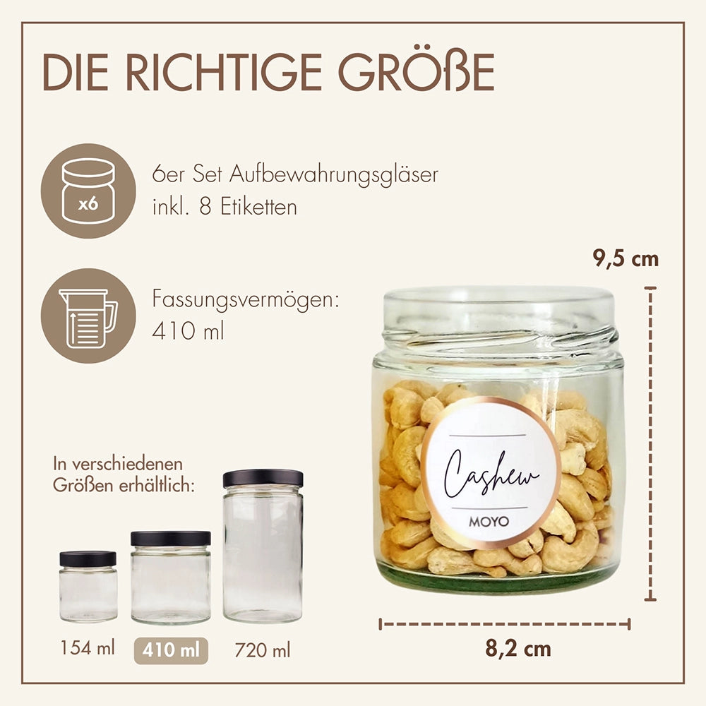 MOYO storage jars - Made in Germany, with label templates in sets of 3 &amp; 6
