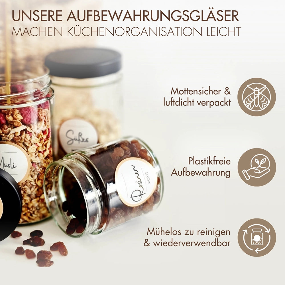 MOYO storage jars - Made in Germany, with label templates in sets of 3 &amp; 6