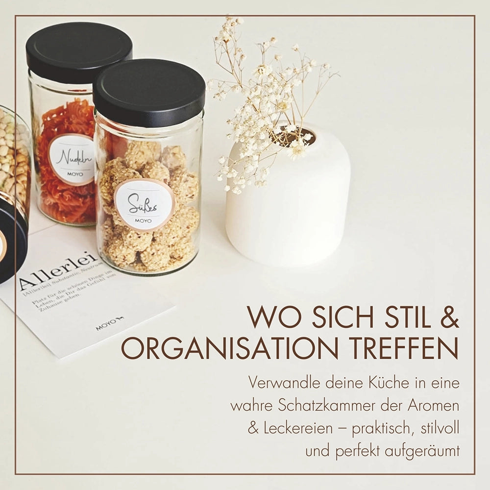 MOYO storage jars - Made in Germany, with label templates in sets of 3 &amp; 6