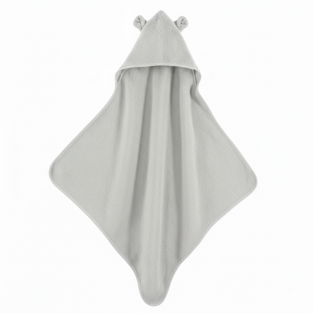 Minimalistisches MOYO Baby Kapuzenhandtuch in Grau aus 100% Baumwoll-Frottee mit niedlichen Ohren.