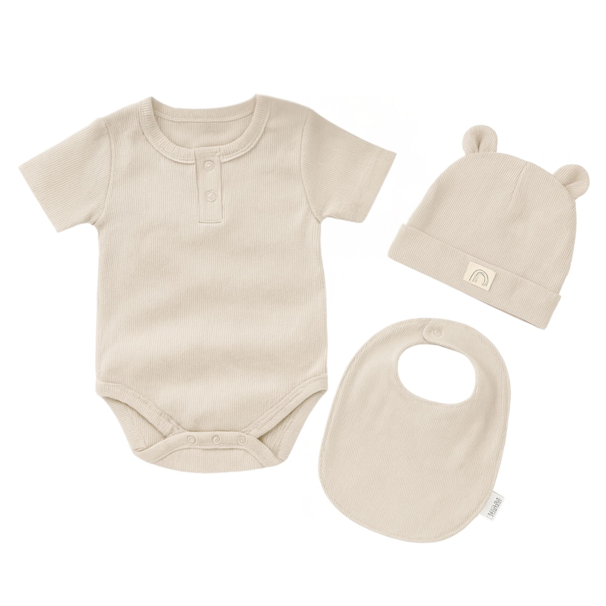 Baby Gift Set 3-Piece Beige – Bodysuit, Hat & Bib